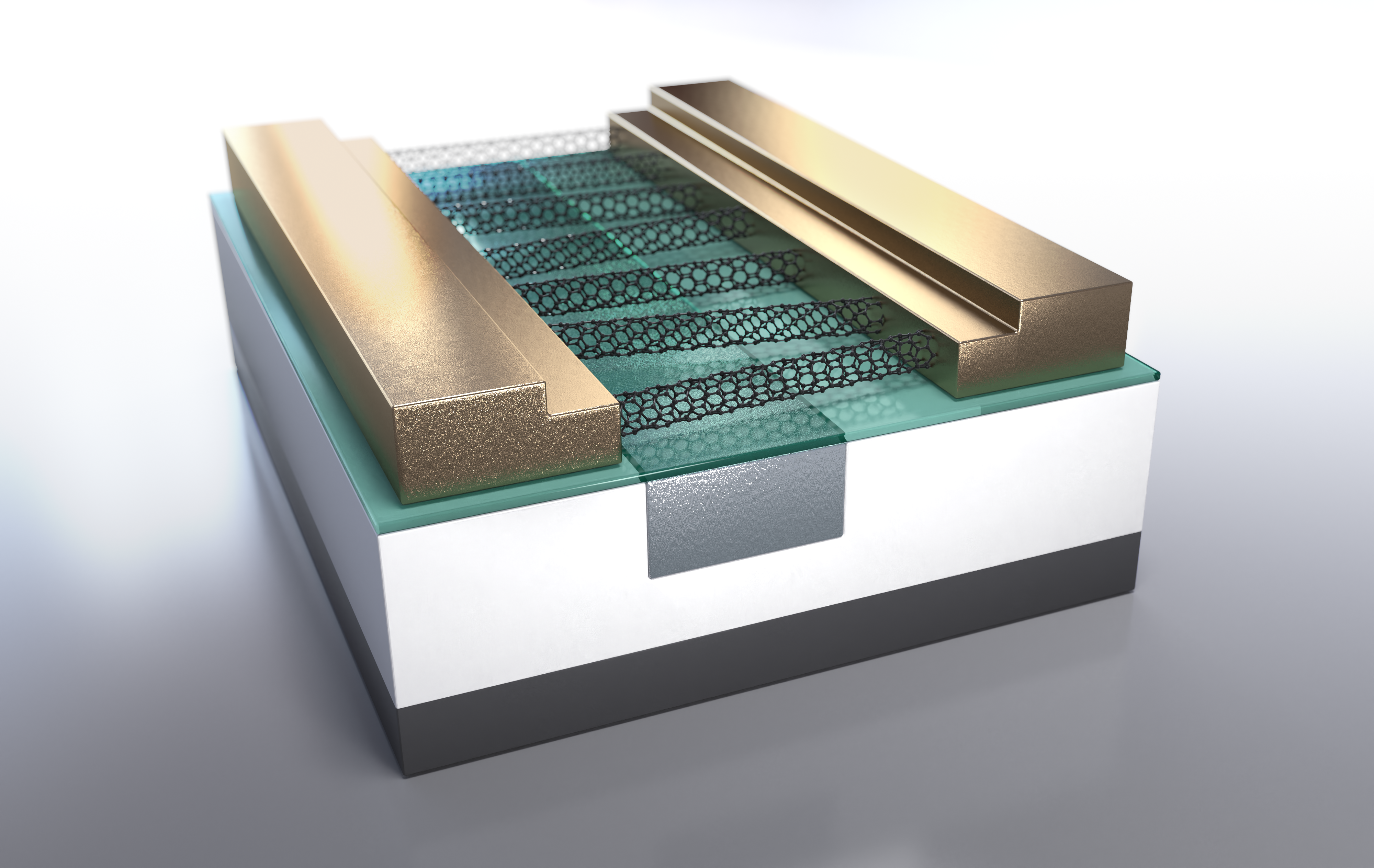 Schematische Darstellung eines Carbon Nanotube baiserten Feldeffektransistors (CNT-FET).